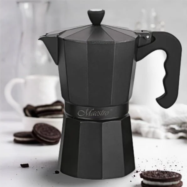 Кофеварка гейзерная алюминиевая Maestro 300мл черная (MR-1666-6-BLACK) 6 чашек - Фото 1 Кофеварка гейзерная алюминиевая Maestro 300мл черная (MR-1666-6-BLACK) 6 чашек - изображение 1