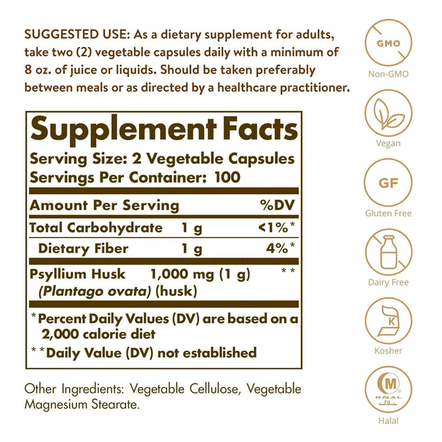 Клетчатка из шелухи семян подорожника Solgar, Psyllium Husks Fiber, 500 мг, 200 капсул - Фото 2 Клетчатка из шелухи семян подорожника Solgar, Psyllium Husks Fiber, 500 мг, 200 капсул - изображение 2