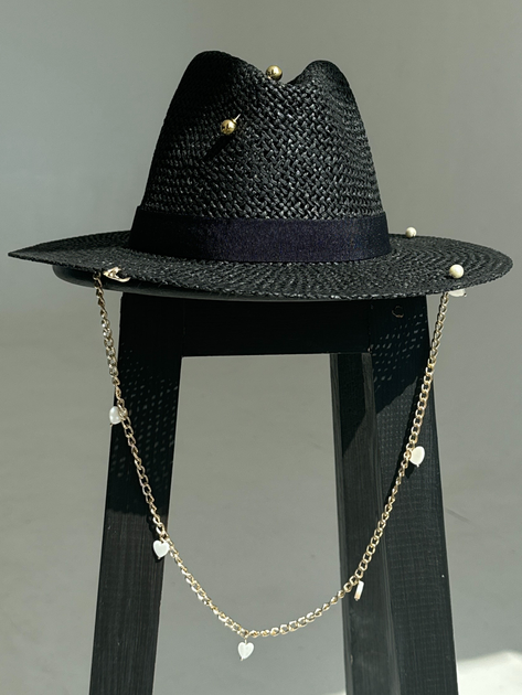 Шляпа Федора женская D.Hats из рафия с цепью золото с сердцами черная - изображение 5