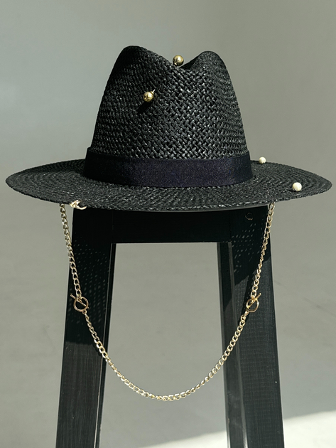 Шляпа Федора женская D.Hats из рафия с цепью золото с кольцами черная - изображение 6