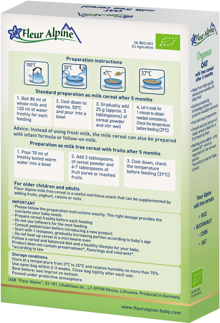 Дитяча каша безмолочна Fleur Alpine Organic Oat Вівсяна 175 г (4779050670131) - зображення 2