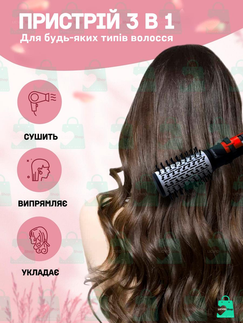 Вращающийся фен щетка расчёска браш 3в1 Gemei GM-4828 1000 Вт выпрямитель для укладки волос стайлер с функцией ионизации и керамическим покрытием красный (002473822) - изображение 4