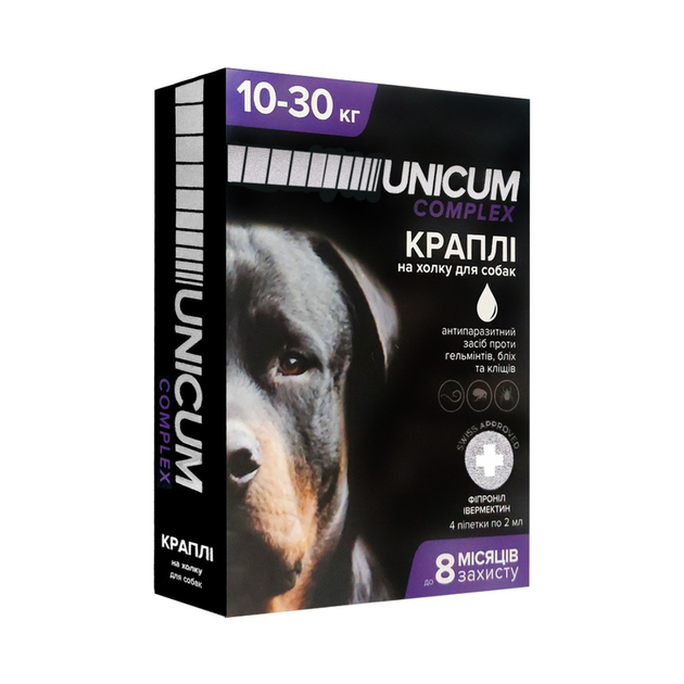 Краплі Unicum COMPLEX 8мл від гельмінтів бліх та кліщів на холку для собак 10-30 кг - Фото 1 Краплі Unicum COMPLEX 8мл від гельмінтів бліх та кліщів на холку для собак 10-30 кг - изображение 1