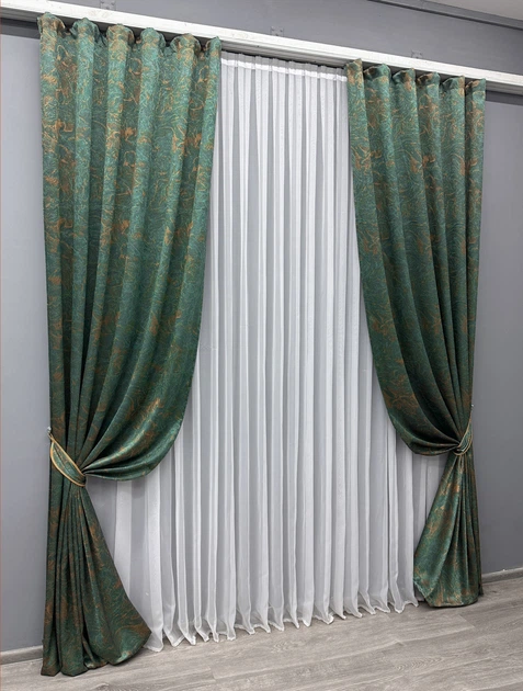 Комплект готових штор VR-Textil Жакард Fantasy № 1633ш Смарагдовий з золотистим 150х290 см 2 шт (33-0537) - зображення 3