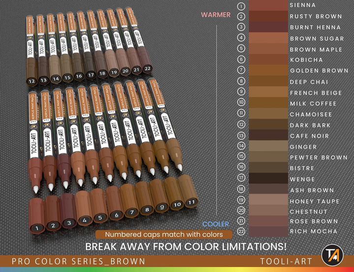Акриловые маркеры Tooli-Art Brown Tones 0.7 мм extra fine 22 штуки | Тули-Арт коричневые оттенки XF - изображение 2