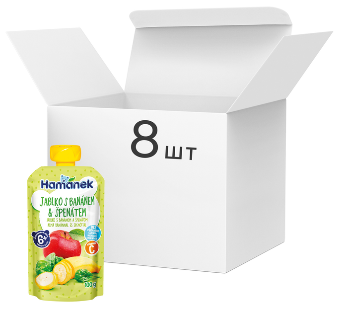 Упаковка пюре Hamanek Яблуко з бананами та шпинатом 100 г х 8 шт. (8595139798444) - зображення 1