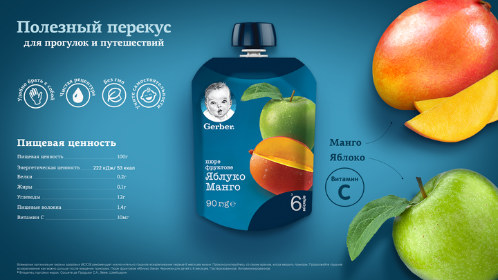 Фруктове пюре Gerber Яблуко та манго з 6 місяців 90 г (7613036345866) - Фото 4 Фруктове пюре Gerber Яблуко та манго з 6 місяців 90 г (7613036345866) - зображення 4