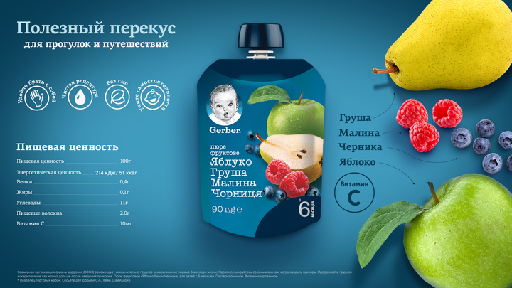 Фруктове пюре Gerber Яблуко, груша, малина, чорниця з 6 місяців 90 г (7613036345484) - изображение 4