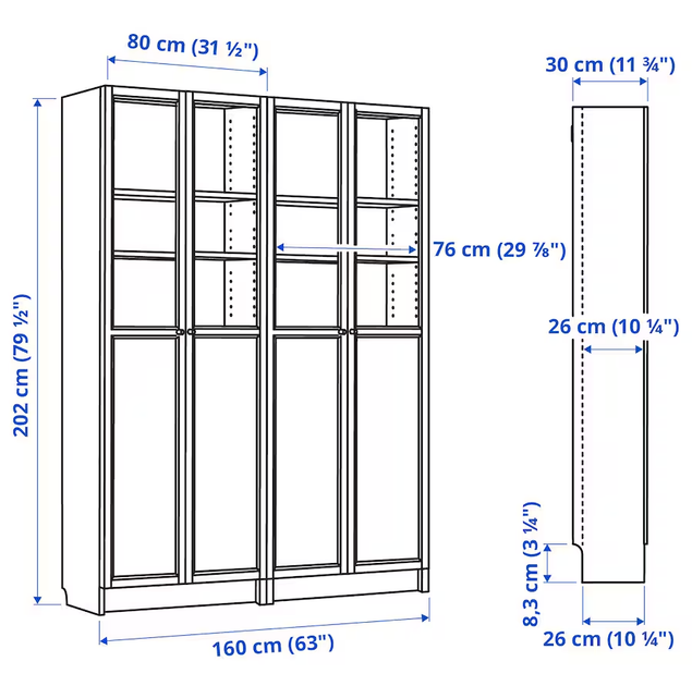 Книжкова шафа зі комбінованими дверима BILLY/OXBERG 160x30x202 см IKEA 390.477.37 білий - зображення 4