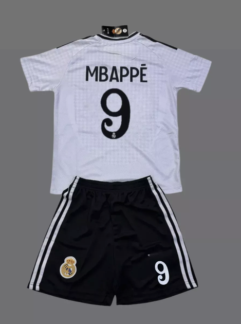 Форма футбольна дитяча Mbappe (Мбапе) 9 Real Madrid 24/25, нар. 26 зріст 140-145см. біла футболка, чорні шорти - Фото 4 Форма футбольна дитяча Mbappe (Мбапе) 9 Real Madrid 24/25, нар. 26 зріст 140-145см. біла футболка, чорні шорти - зображення 4