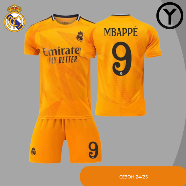 Форма футбольна дитяча Mbappe (Мбапе) 9 Real Madrid 24/25, нар. 30 зріст 155-165 см. оранжева - Фото 1 Форма футбольна дитяча Mbappe (Мбапе) 9 Real Madrid 24/25, нар. 30 зріст 155-165 см. оранжева - зображення 1