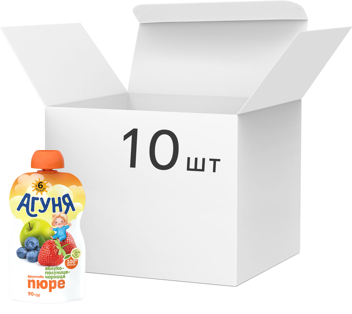 Упаковка фруктово-ягодного пюре Агуня Яблоко-Клубника-Черника 90 г х 10 шт (4823063128100) 