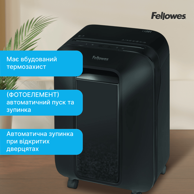 Шредер Fellowes LX201 10 листов 2x12 мм 22 л Black (f.U5050001) - Фото 7 Шредер Fellowes LX201 10 листов 2x12 мм 22 л Black (f.U5050001) - изображение 7