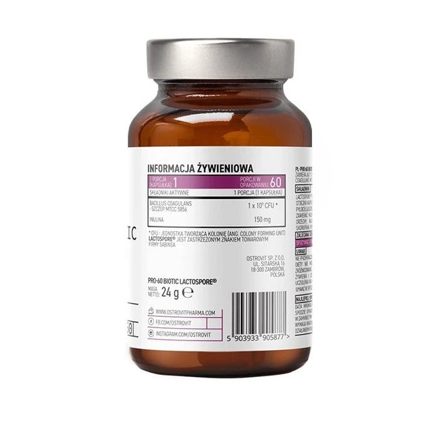 Пробиотик OstroVit Pharma PRO-60 BIOTIC LactoSpore, 60 капсул - Фото 2 Пробиотик OstroVit Pharma PRO-60 BIOTIC LactoSpore, 60 капсул - изображение 2