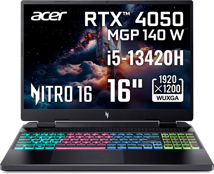 Ноутбук Acer Nitro 16 AN16-51-51ZH (NH.QJMEU.00L) Obsidian Black / 16" IPS WUXGA 165 Гц / Intel Core i5-13420H / RAM 16 ГБ / SSD 512 ГБ / RTX 4050, 6 ГБ / Зарядка від USB - зображення 2