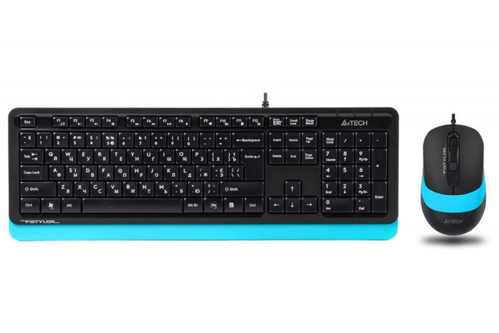 Комплект клавиатура+мышка A4Tech F1010 (Blue) Fstyler, проводной, USB, черный+голубой цвет - Фото 1 Комплект клавиатура+мышка A4Tech F1010 (Blue) Fstyler, проводной, USB, черный+голубой цвет - изображение 1