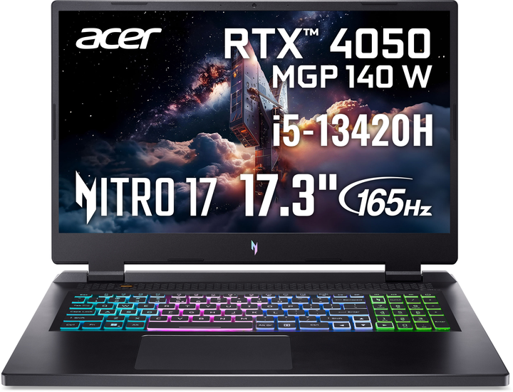 Ноутбук Acer Nitro 17 AN17-51-53LU (NH.QK5EU.00G) Obsidian Black / 17.3" IPS Full HD 165 Гц / Intel Core i5-13420H / RAM 16 ГБ / SSD 512 ГБ / RTX 4050, 6 ГБ / Зарядка від USB - зображення 2
