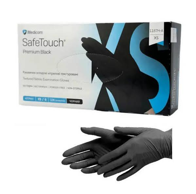 Перчатки нитриловые текстурированные Medicom SafeTouch Premium Black (черные) XS-size, 100шт./уп. - 1187H - изображение 1