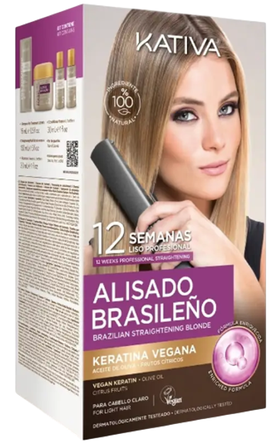 Набір для випрямлення волосся Kativa Alisado Brasileno Blonde Kit Шампунь для попередньої обробки 15 мл + Бразильська випрямляюча маска 150 мл + Шампунь 30 мл + Кондиціонер 30 мл + Пензлик + Пара рукавичок (7750075066397) - зображення 1