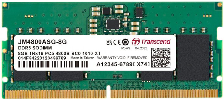 Оперативна пам'ять Transcend SODIMM DDR5-4800 8192 MB PC5-38400 (JM4800ASG-8G) - зображення 1