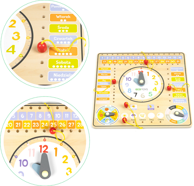 Drewniana tablica manipulacyjna EcoToys kalendarz zegar (5903089069768) - obraz 4