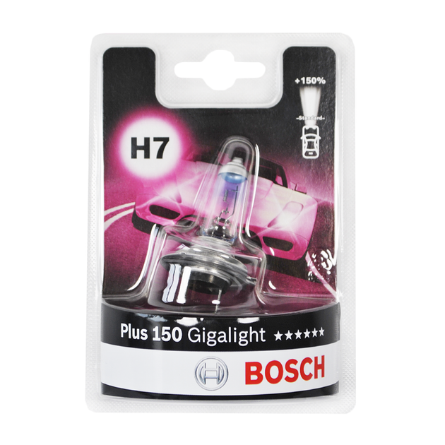 Лампа галогенна Bosch GigaLight +150 H7 12V 55W PX26d (блістер 1 шт.) 1987301137 - Фото 1 Лампа галогенна Bosch GigaLight +150 H7 12V 55W PX26d (блістер 1 шт.) 1987301137 - изображение 1