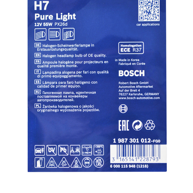 Лампа галогенна Bosch Pure Light H7 12V 55W PX26d (блістер 1 шт.) 1987301012 - Фото 3 Лампа галогенна Bosch Pure Light H7 12V 55W PX26d (блістер 1 шт.) 1987301012 - зображення 3