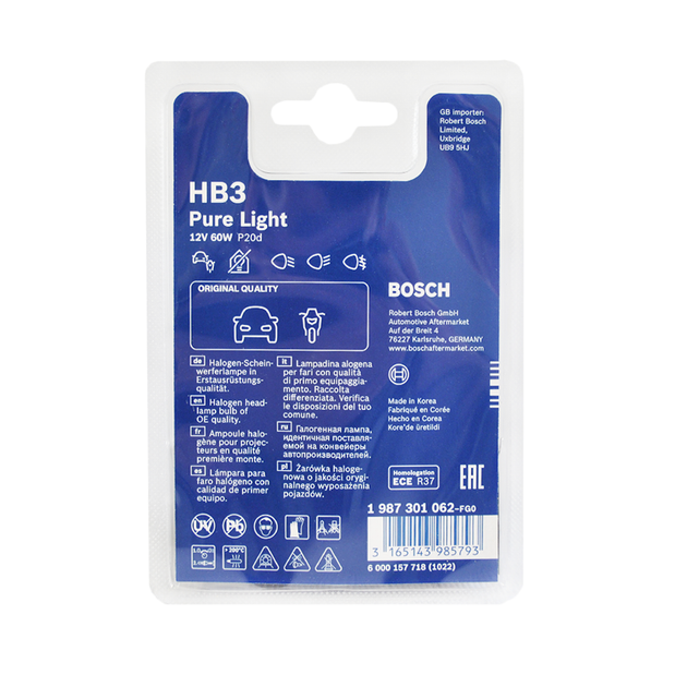 Лампа галогенна Bosch Pure Light HB3 12V 60W P20d (блістер 1 шт.) 1987301062 - изображение 3