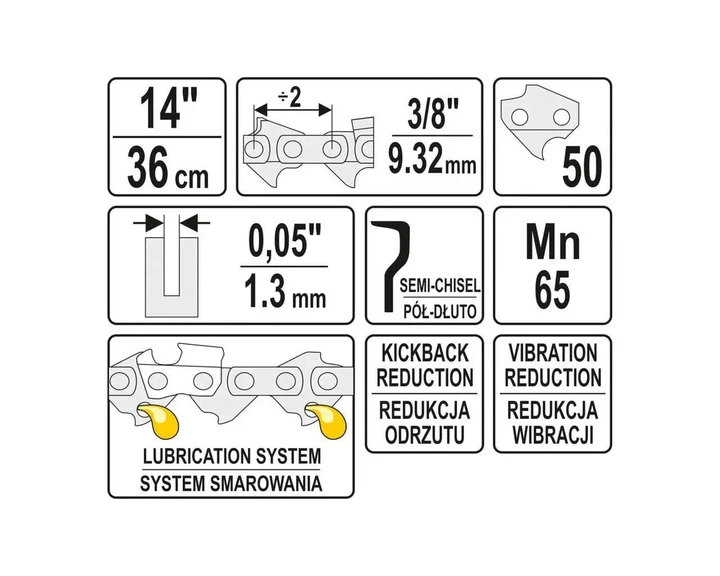 Цепь для бензопилы 50 звеньев шаг 3/8", l=14" (36 см), паз 1.3 мм YATO (YT-84950) - изображение 2
