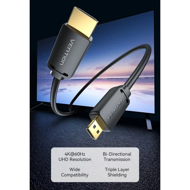 Кабель мультимедийный HDMI M to HDMI mini M 1.5m V2.0 4K60Hz Vention (AGHBG) - Фото 8 Кабель мультимедийный HDMI M to HDMI mini M 1.5m V2.0 4K60Hz Vention (AGHBG) - изображение 8