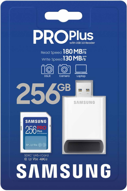 Карта пам'яті Samsung Pro Plus SDXC 256GB UHS-I U3 + зчитувач (MB-SD256SB/WW) - зображення 3