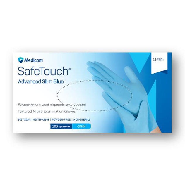 Рукавички Medicom SafeTouch® Slim Blue нітрилові текстуровані без пудри розмір XL Блакитні 3,5 г (1175P) - зображення 1