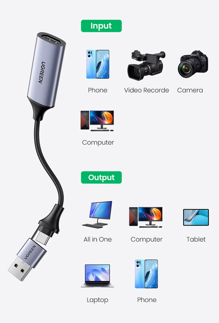 Конвертор сигнала Ugreen CM489 USB-A/Type-C to HDMI Video Capture Device (2000155) - изображение 6