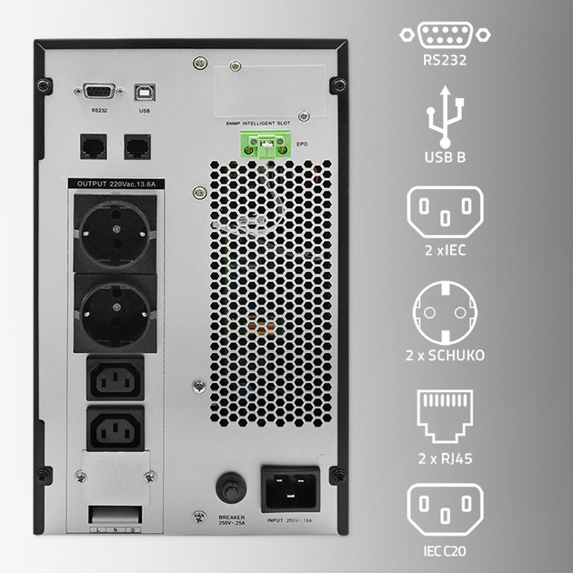 ИБП Qoltec Pure Sine Wave 3000VA 3000W LCD USB (5901878522821) - изображение 6