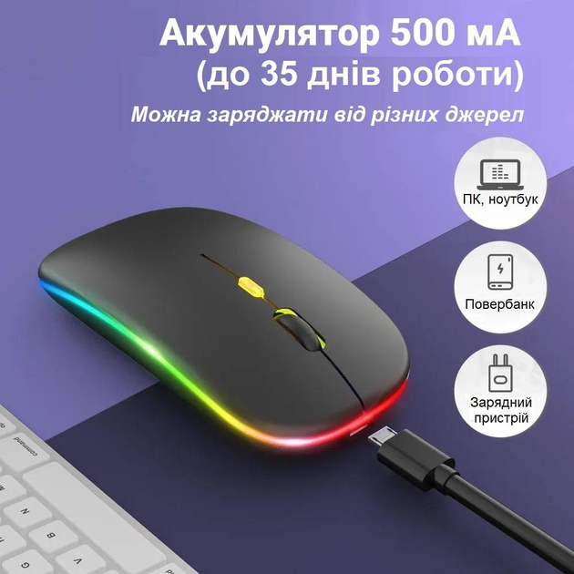 Беспроводная бесшумная аккумуляторная мышка с RGB подсветкой 1600DP Bluetooth 5.2 + 2.4 GHz тихая для ноутбуков пк планшетов плоская Slim - изображение 2