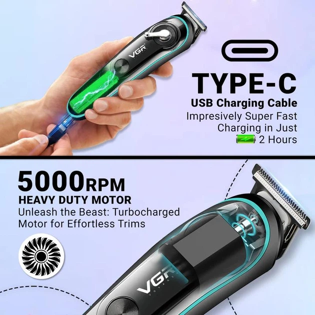 Аккумуляторный триммер для стрижки волос и бороды с USB и LED-дисплеем VGR V-075 Pro Черный + Масло для лезвий - Фото 6 Аккумуляторный триммер для стрижки волос и бороды с USB и LED-дисплеем VGR V-075 Pro Черный + Масло для лезвий - изображение 6
