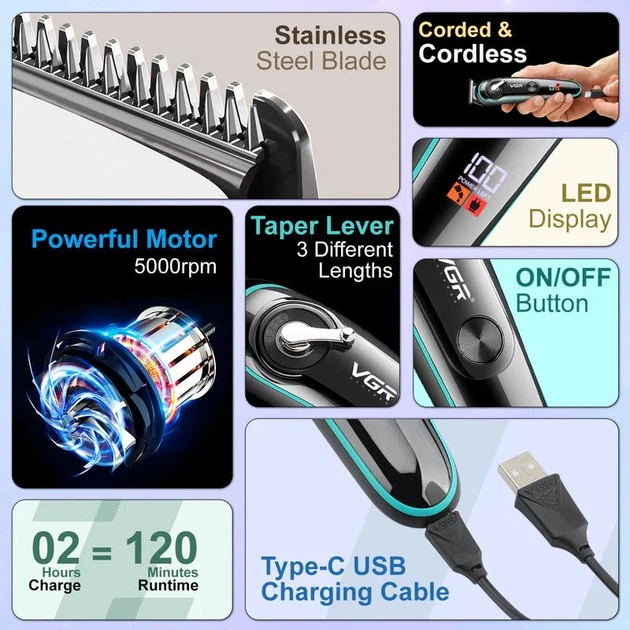Аккумуляторный триммер для стрижки волос и бороды с USB и LED-дисплеем VGR V-075 Pro Черный + Масло для лезвий - Фото 7 Аккумуляторный триммер для стрижки волос и бороды с USB и LED-дисплеем VGR V-075 Pro Черный + Масло для лезвий - изображение 7