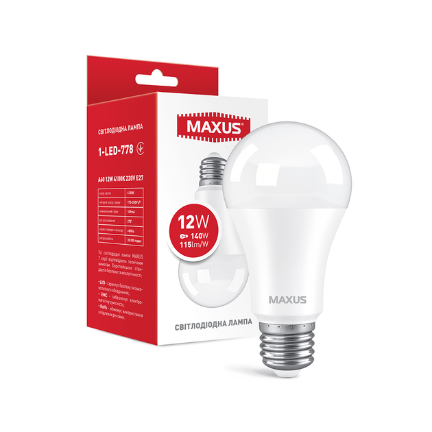 Лампа светодиодная MAXUS A60 12W 4000K 1-LED-778 - Фото 1 Лампа светодиодная MAXUS A60 12W 4000K 1-LED-778 - изображение 1