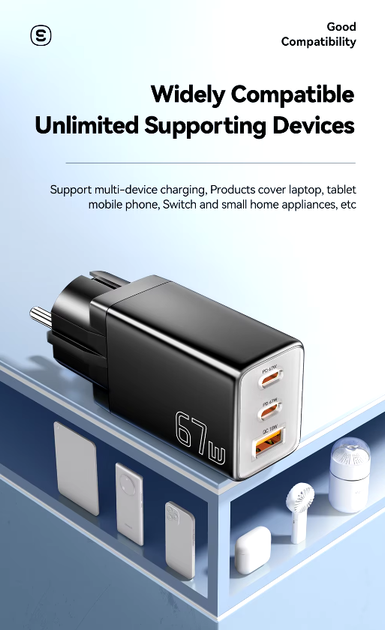 Зарядний пристрій Essager 67W GaN (2xType-C + USB-A), QC4.0/PD3.0/Fast Charge - зображення 3