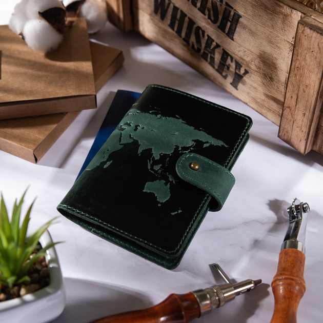 Кожаное портмоне для паспорта / ID документов HiArt PB-03S/1 Shabby Alga "World Map" - изображение 6