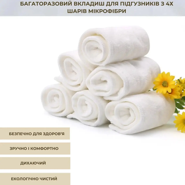 Багаторазовий вкладиш для підгузків з 4 шарів мікрофібри дихаючої гіпоалергенної вологовбирної 48x19 см (479488-Prob) - зображення 8