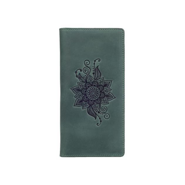Красивый зеленый кожаный бумажник на 14 карт с авторским тиснением "Mehendi Classic" - Фото 1 Красивый зеленый кожаный бумажник на 14 карт с авторским тиснением "Mehendi Classic" - изображение 1