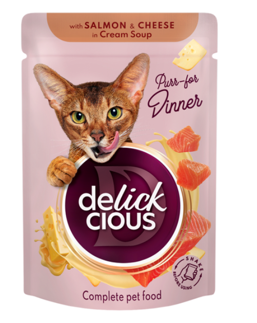 Влажный корм для котов Delickcious полоски с лососем и сыром в крем-супе 85 г D6251402 - Фото 1 Влажный корм для котов Delickcious полоски с лососем и сыром в крем-супе 85 г D6251402 - изображение 1
