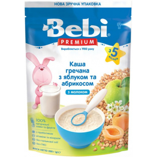 Дитяча каша Bebi Premium молочна гречана з яблуком та абрикосом +5 міс. 200 г (8606019654290) - зображення 1