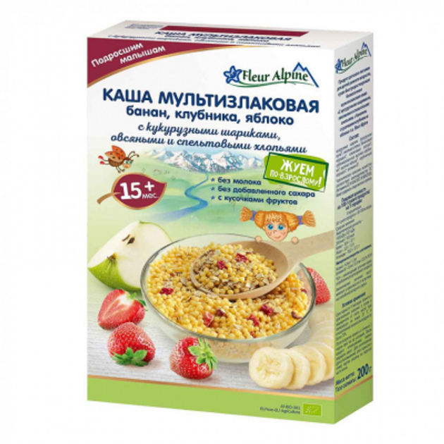 Дитяча каша Fleur Alpine безмолочна Organic Мультизлакова банан-яблуко-полуниця 200 г (9010004508168) - зображення 1