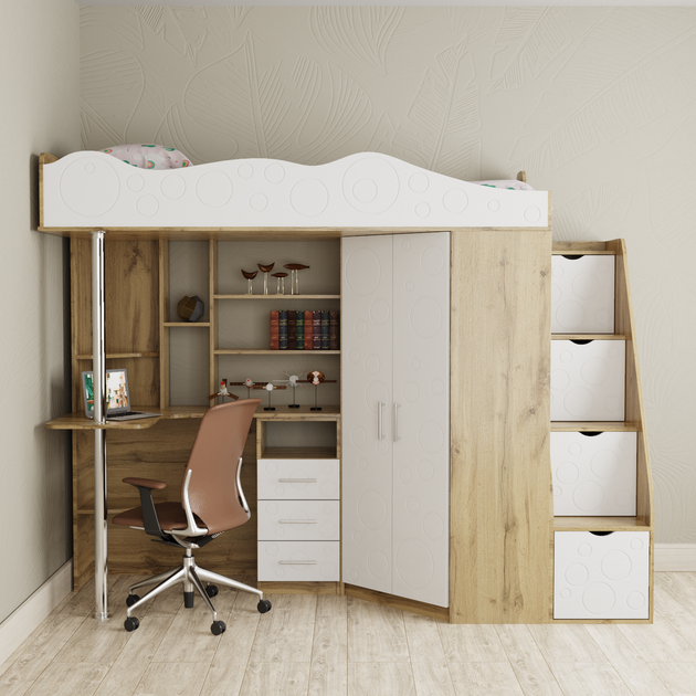 Кровать-чердак детская LofTerno Head Binky ДС37А 2332x1800x832 Дуб крафт золотой/Белый супермат (МДФ) (Right) - изображение 2