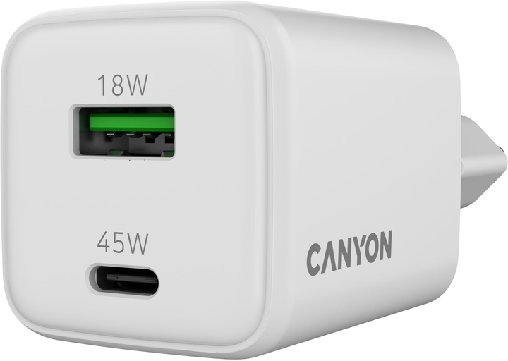 Мережевий зарядний пристрій Canyon GaN CU45AC USB Type-A QC4.0 18W Type-C PD 45W White (CNS-CUW45AC) - зображення 3