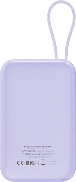 УМБ Canyon OnPower 101 10000 mAh 22.5W Purple (CNS-CPB101PU) - зображення 4