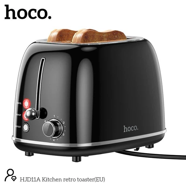 Тостер Hoco HJD11A (850 Вт, 6 уровней поджаривания, LED подсветка, размораживание, подогрев) - Черный - изображение 3