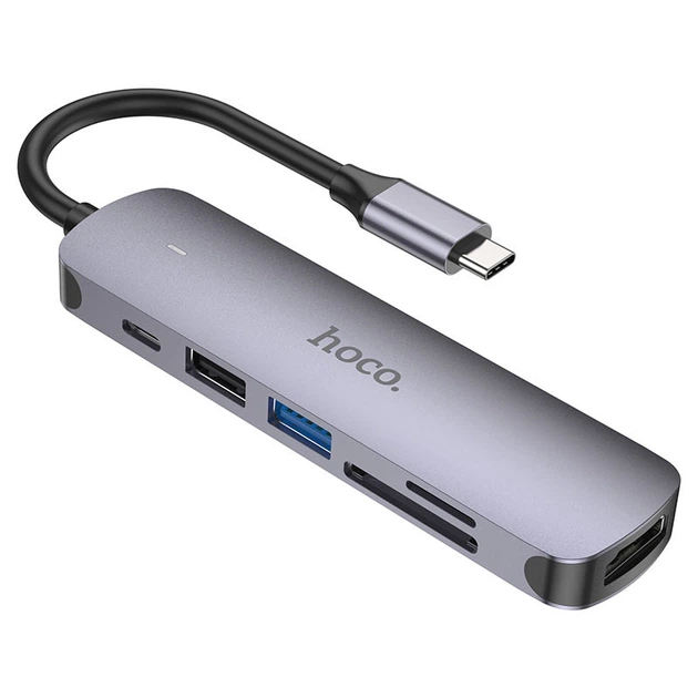 Багатофункціональний перехідник Hoco HB28 Multi-function 6in1 (Type-C to HDTV+USB3.0+USB2.0+SD+TF+PD) Metal gray - Фото 1 Багатофункціональний перехідник Hoco HB28 Multi-function 6in1 (Type-C to HDTV+USB3.0+USB2.0+SD+TF+PD) Metal gray - зображення 1